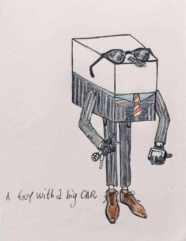 "A Guy with a Big Car", pen and pencil on paper, 2018.