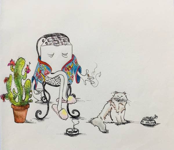 "Garden of Possibilities with Mr. Whiskers", pen and pencil on paper, 2018.