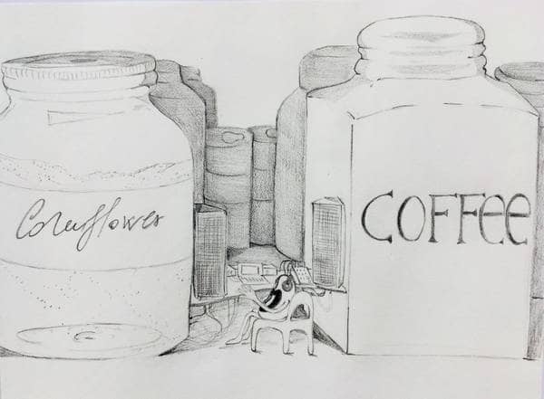 "Sillybean at Work", pencil on paper, 2018. Sillybean has her studio in my cupboard.